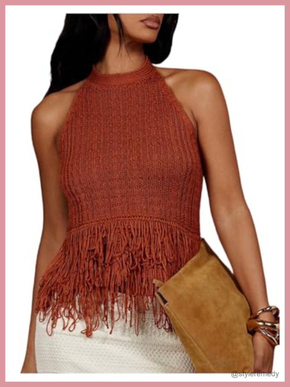 Boho Fringe Halter Tank Top Open Back Knit Crochet Sleeveless